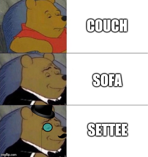 Fancy word for Couch | COUCH; SOFA; SETTEE | image tagged in sofa,fancy pooh | made w/ Imgflip meme maker