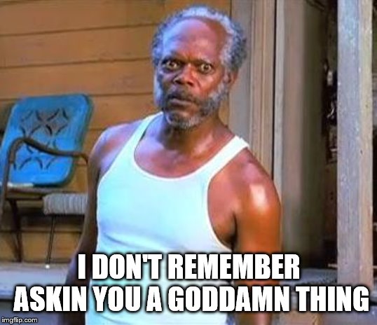 Samuel L Jackson | I DON'T REMEMBER ASKIN YOU A GO***MN THING | image tagged in samuel l jackson | made w/ Imgflip meme maker