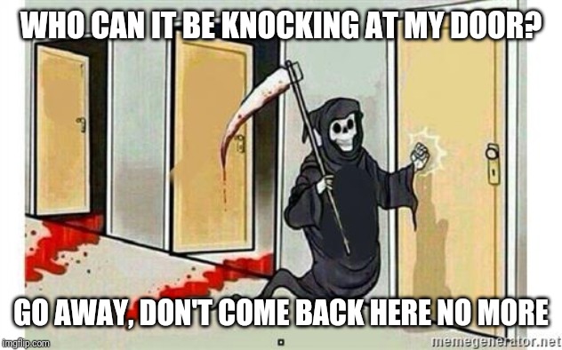 Grim Reaper Knocking Door | WHO CAN IT BE KNOCKING AT MY DOOR? GO AWAY, DON'T COME BACK HERE NO MORE | image tagged in grim reaper knocking door | made w/ Imgflip meme maker