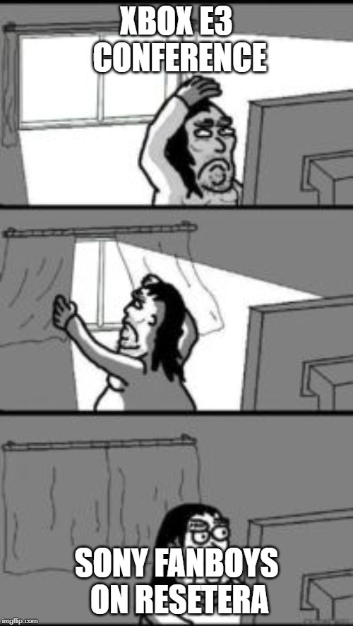 Closing the Curtains | XBOX E3 CONFERENCE; SONY FANBOYS ON RESETERA | image tagged in closing the curtains | made w/ Imgflip meme maker