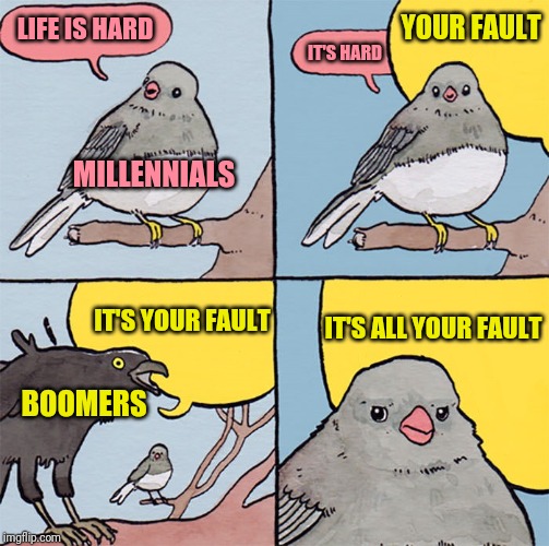 Interrupting bird | YOUR FAULT; LIFE IS HARD; IT'S HARD; MILLENNIALS; IT'S ALL YOUR FAULT; IT'S YOUR FAULT; BOOMERS | image tagged in interrupting bird | made w/ Imgflip meme maker