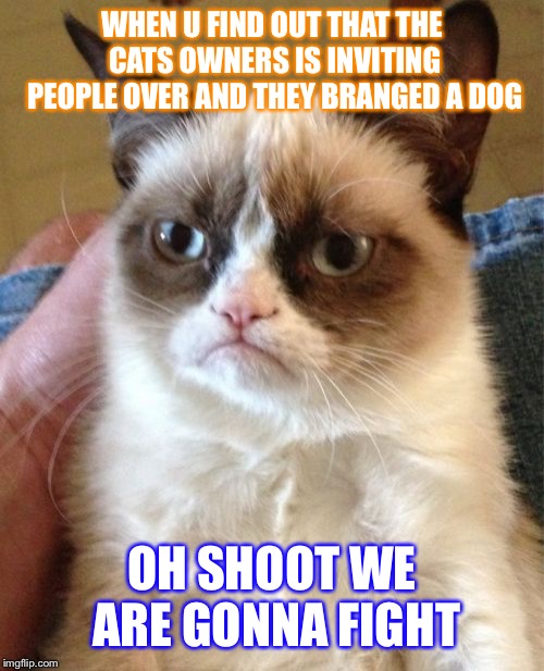 Grumpy Cat Meme | WHEN U FIND OUT THAT THE CATS OWNERS IS INVITING PEOPLE OVER AND THEY BRANGED A DOG; OH SHOOT WE ARE GONNA FIGHT | image tagged in memes,grumpy cat | made w/ Imgflip meme maker