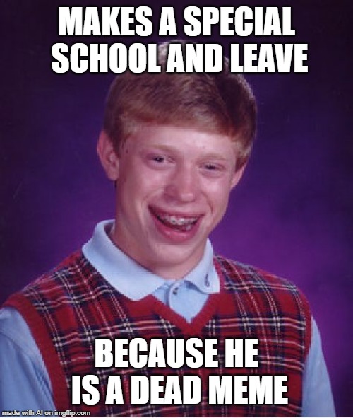 Bad Luck Brian | MAKES A SPECIAL SCHOOL AND LEAVE; BECAUSE HE IS A DEAD MEME | image tagged in memes,bad luck brian | made w/ Imgflip meme maker