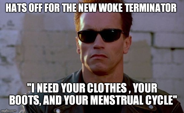 Terminator Arnold Schwarzenegger | HATS OFF FOR THE NEW WOKE TERMINATOR; "I NEED YOUR CLOTHES , YOUR BOOTS, AND YOUR MENSTRUAL CYCLE" | image tagged in terminator arnold schwarzenegger | made w/ Imgflip meme maker