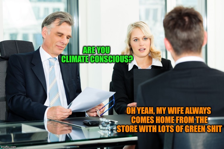 job interview | ARE YOU CLIMATE CONSCIOUS? OH YEAH, MY WIFE ALWAYS COMES HOME FROM THE STORE WITH LOTS OF GREEN SHIT | image tagged in job interview | made w/ Imgflip meme maker
