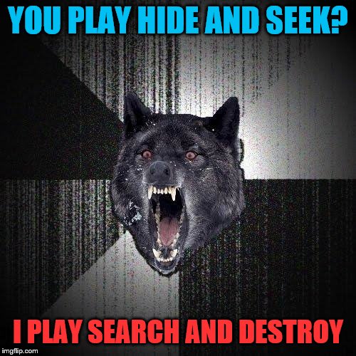 Insanity Wolf |  YOU PLAY HIDE AND SEEK? I PLAY SEARCH AND DESTROY | image tagged in memes,insanity wolf | made w/ Imgflip meme maker