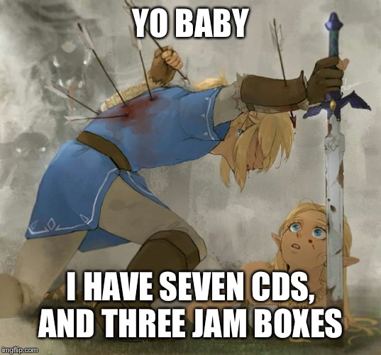 Link and zelda | YO BABY; I HAVE SEVEN CDS, AND THREE JAM BOXES | image tagged in link and zelda | made w/ Imgflip meme maker