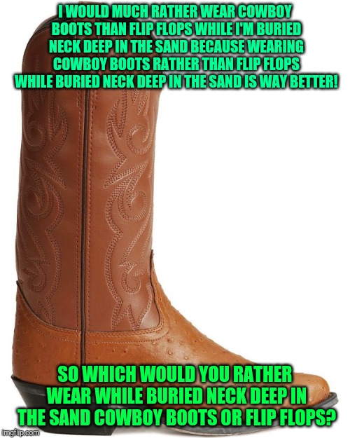 Cowboy boot | I WOULD MUCH RATHER WEAR COWBOY BOOTS THAN FLIP FLOPS WHILE I'M BURIED NECK DEEP IN THE SAND BECAUSE WEARING COWBOY BOOTS RATHER THAN FLIP FLOPS WHILE BURIED NECK DEEP IN THE SAND IS WAY BETTER! SO WHICH WOULD YOU RATHER WEAR WHILE BURIED NECK DEEP IN THE SAND COWBOY BOOTS OR FLIP FLOPS? | image tagged in cowboy boot | made w/ Imgflip meme maker