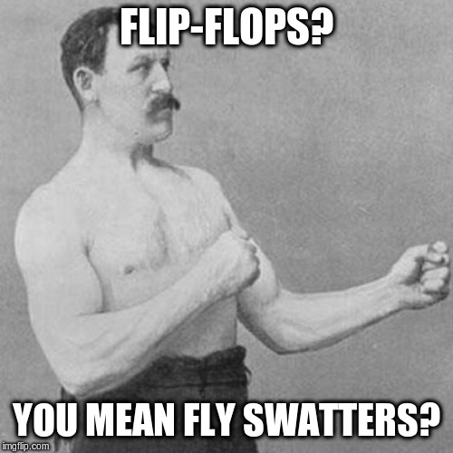 strongman | FLIP-FLOPS? YOU MEAN FLY SWATTERS? | image tagged in strongman | made w/ Imgflip meme maker