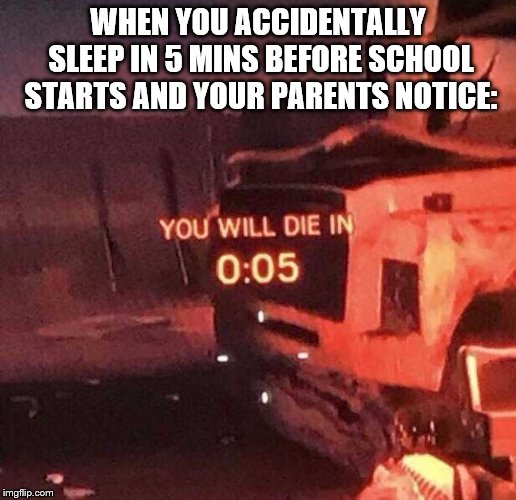 You will die in 0:05 | WHEN YOU ACCIDENTALLY SLEEP IN 5 MINS BEFORE SCHOOL STARTS AND YOUR PARENTS NOTICE: | image tagged in you will die in 005 | made w/ Imgflip meme maker