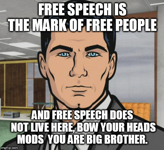 Archer Meme | FREE SPEECH IS THE MARK OF FREE PEOPLE; AND FREE SPEECH DOES NOT LIVE HERE, BOW YOUR HEADS MODS  YOU ARE BIG BROTHER. | image tagged in memes,archer | made w/ Imgflip meme maker