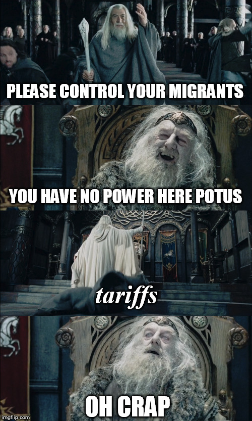 Donald the Great  (needs a bad photoshop version) | PLEASE CONTROL YOUR MIGRANTS; YOU HAVE NO POWER HERE POTUS; tariffs; OH CRAP | image tagged in you have no power here,mexico,tarifs,illegal immigration | made w/ Imgflip meme maker