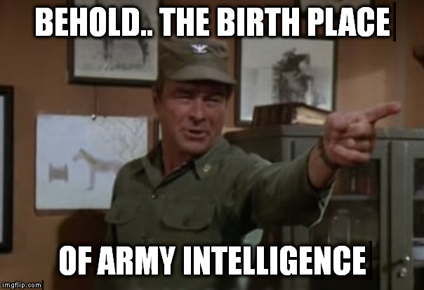 Colonel Flagg Don't Play Dumb | BEHOLD.. THE BIRTH PLACE OF ARMY INTELLIGENCE | image tagged in colonel flagg don't play dumb | made w/ Imgflip meme maker