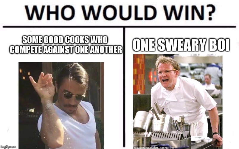 Who Would Win? Meme | SOME GOOD COOKS WHO COMPETE AGAINST ONE ANOTHER; ONE SWEARY BOI | image tagged in memes,who would win | made w/ Imgflip meme maker