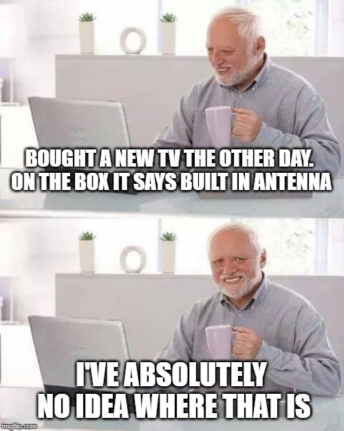 Hide the Pain Harold Meme | BOUGHT A NEW TV THE OTHER DAY. ON THE BOX IT SAYS BUILT IN ANTENNA; I'VE ABSOLUTELY NO IDEA WHERE THAT IS | image tagged in memes,hide the pain harold | made w/ Imgflip meme maker