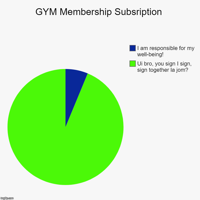 True story | GYM Membership Subsription | Ui bro, you sign I sign, sign together la jom?, I am responsible for my well-being! | image tagged in charts,pie charts | made w/ Imgflip chart maker