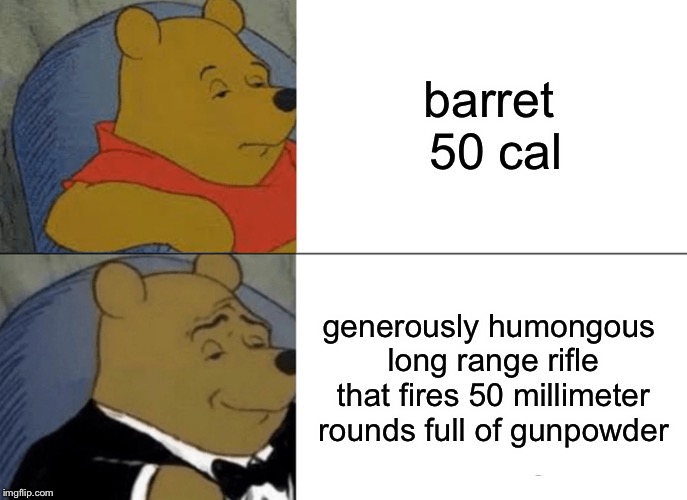 Tuxedo Winnie The Pooh | barret 50 cal; generously humongous long range rifle that fires 50 millimeter rounds full of gunpowder | image tagged in memes,tuxedo winnie the pooh | made w/ Imgflip meme maker
