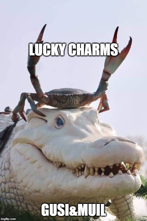 Crab on Crocodile | LUCKY CHARMS; GUSI&MUIL | image tagged in crab on crocodile | made w/ Imgflip meme maker