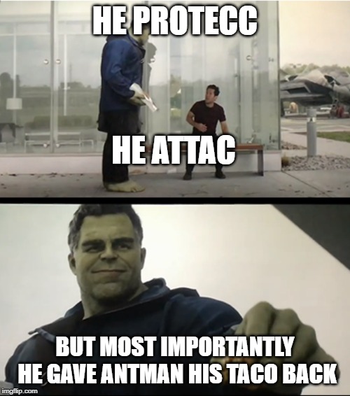 Hulk gives Antman taco | HE PROTECC; HE ATTAC; BUT MOST IMPORTANTLY HE GAVE ANTMAN HIS TACO BACK | image tagged in hulk gives antman taco | made w/ Imgflip meme maker