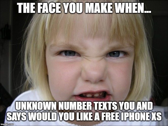 Mad face | THE FACE YOU MAKE WHEN... UNKNOWN NUMBER TEXTS YOU AND SAYS WOULD YOU LIKE A FREE IPHONE XS | image tagged in mad face | made w/ Imgflip meme maker