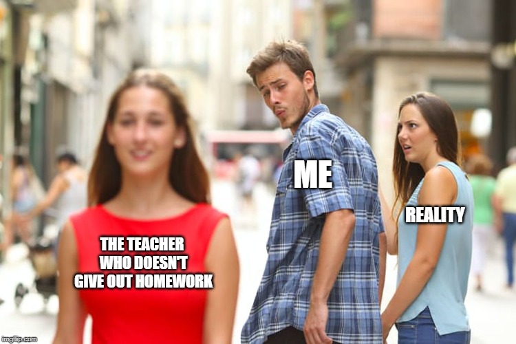 Distracted Boyfriend Meme | ME; REALITY; THE TEACHER WHO DOESN'T GIVE OUT HOMEWORK | image tagged in memes,distracted boyfriend | made w/ Imgflip meme maker
