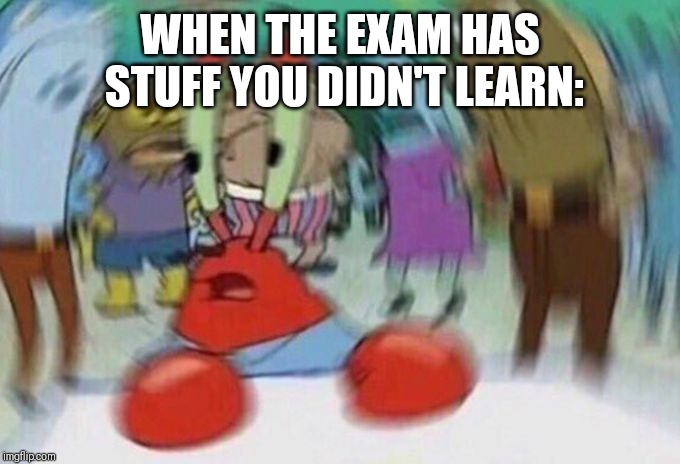 Mr Crabs | WHEN THE EXAM HAS STUFF YOU DIDN'T LEARN: | image tagged in mr crabs | made w/ Imgflip meme maker