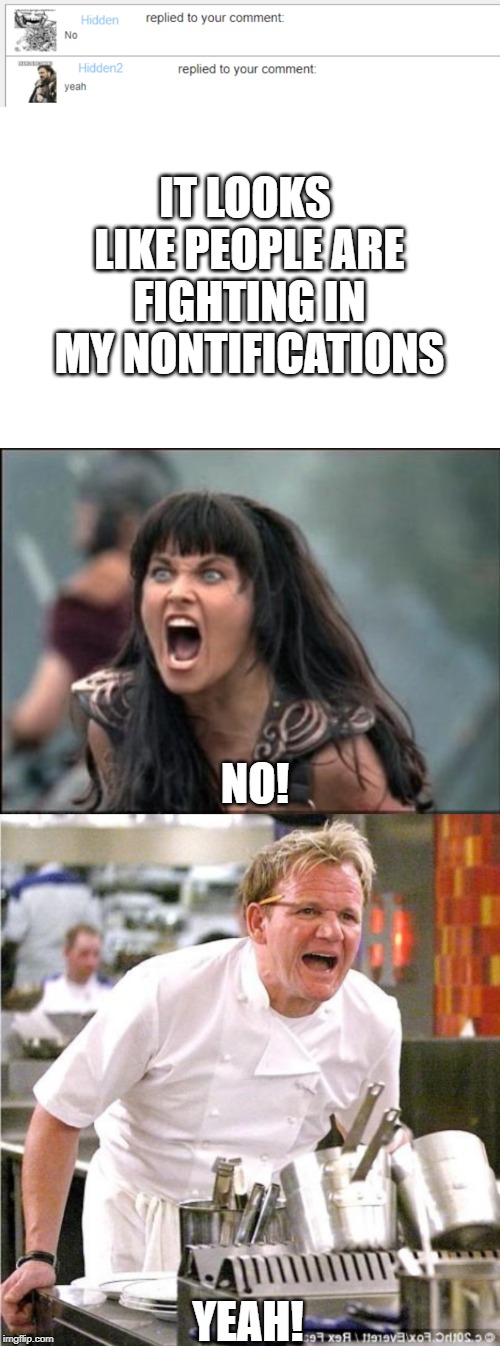 Y U Fight? | IT LOOKS LIKE PEOPLE ARE FIGHTING IN MY NONTIFICATIONS; NO! YEAH! | image tagged in memes,funny,fighting,notifications,angry xena,chef gordon ramsay | made w/ Imgflip meme maker