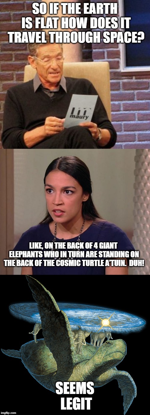 SO IF THE EARTH IS FLAT HOW DOES IT TRAVEL THROUGH SPACE? SEEMS LEGIT LIKE, ON THE BACK OF 4 GIANT ELEPHANTS WHO IN TURN ARE STANDING ON THE | image tagged in memes,maury lie detector,ocasio-cortez | made w/ Imgflip meme maker