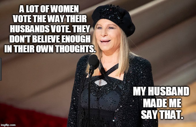 Barbara on voting. | A LOT OF WOMEN VOTE THE WAY THEIR HUSBANDS VOTE. THEY DON'T BELIEVE ENOUGH IN THEIR OWN THOUGHTS. MY HUSBAND MADE ME  SAY THAT. | image tagged in barbara streisand,women voting | made w/ Imgflip meme maker