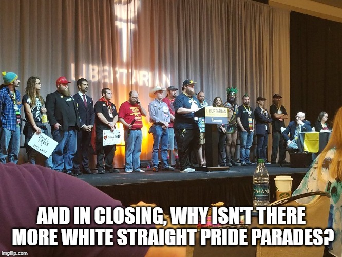 Libertarians | AND IN CLOSING, WHY ISN'T THERE MORE WHITE STRAIGHT PRIDE PARADES? | image tagged in libertarians | made w/ Imgflip meme maker