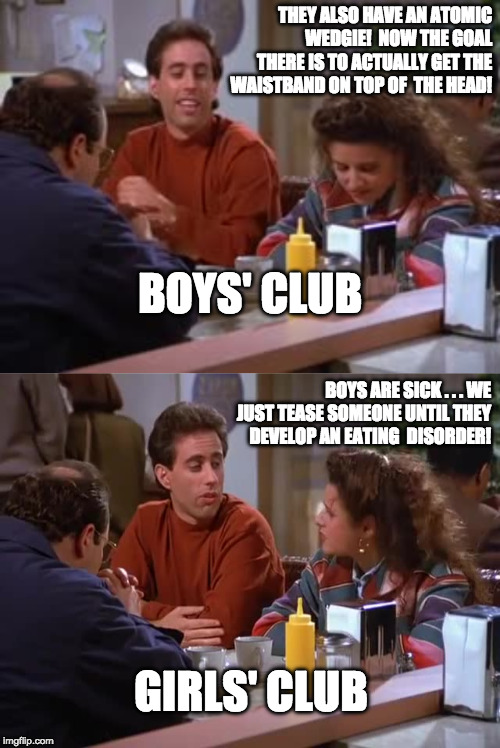 THEY ALSO HAVE AN ATOMIC WEDGIE!  NOW THE GOAL THERE IS TO ACTUALLY GET THE WAISTBAND ON TOP OF  THE HEAD! BOYS' CLUB; BOYS ARE SICK . . . WE JUST TEASE SOMEONE UNTIL THEY DEVELOP AN EATING  DISORDER! GIRLS' CLUB | image tagged in seinfeld,elaine benes,jerry seinfeld,bad boys,mean girls,difference between men and women | made w/ Imgflip meme maker
