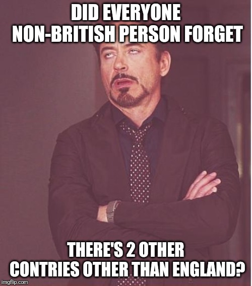 THERE IS SCOTLAND AND WALES. | DID EVERYONE NON-BRITISH PERSON FORGET; THERE'S 2 OTHER CONTRIES OTHER THAN ENGLAND? | image tagged in memes,face you make robert downey jr | made w/ Imgflip meme maker
