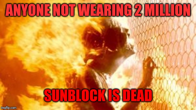 Terminator 2 burning | ANYONE NOT WEARING 2 MILLION; SUNBLOCK IS DEAD | image tagged in terminator 2 burning | made w/ Imgflip meme maker