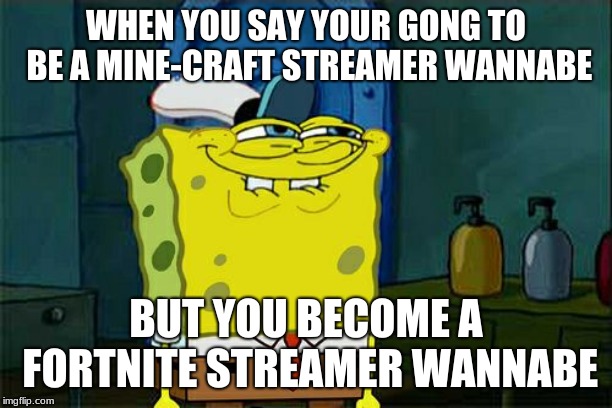 Don't You Squidward | WHEN YOU SAY YOUR GONG TO BE A MINE-CRAFT STREAMER WANNABE; BUT YOU BECOME A FORTNITE STREAMER WANNABE | image tagged in memes,dont you squidward | made w/ Imgflip meme maker