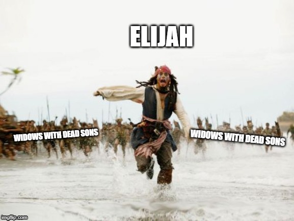 Jack Sparrow Being Chased Meme | ELIJAH; WIDOWS WITH DEAD SONS; WIDOWS WITH DEAD SONS | image tagged in memes,jack sparrow being chased | made w/ Imgflip meme maker