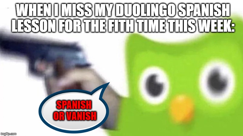 duolingo gun | WHEN I MISS MY DUOLINGO SPANISH LESSON FOR THE FITH TIME THIS WEEK:; SPANISH OR VANISH | image tagged in duolingo gun | made w/ Imgflip meme maker