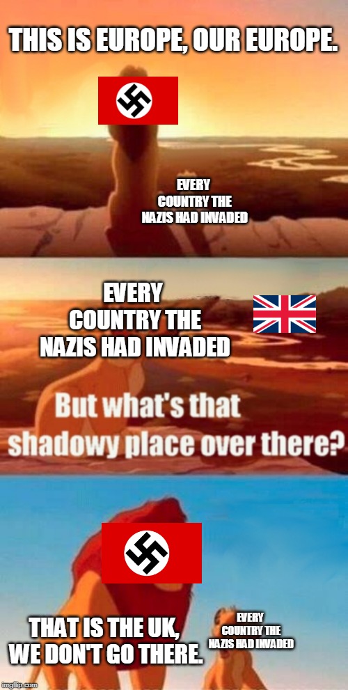 Simba Shadowy Place | THIS IS EUROPE, OUR EUROPE. EVERY COUNTRY THE NAZIS HAD INVADED; EVERY COUNTRY THE NAZIS HAD INVADED; EVERY COUNTRY THE NAZIS HAD INVADED; THAT IS THE UK, WE DON'T GO THERE. | image tagged in memes,simba shadowy place | made w/ Imgflip meme maker