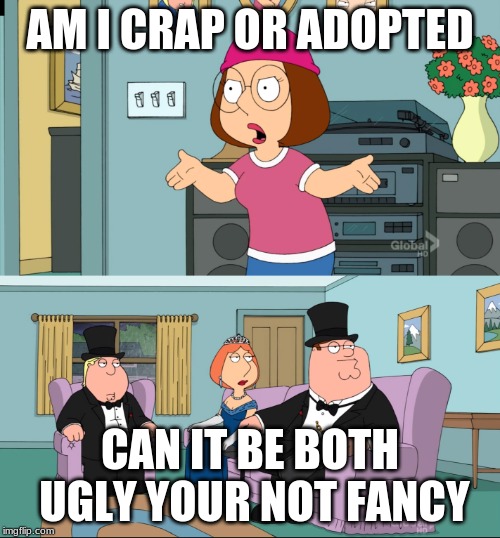 Meg Family Guy Better than me | AM I CRAP OR ADOPTED; CAN IT BE BOTH UGLY YOUR NOT FANCY | image tagged in meg family guy better than me | made w/ Imgflip meme maker