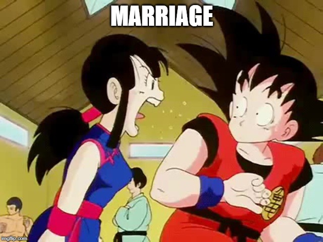 MARRIAGE | image tagged in screaming chichi,marriage,dragon ball z,goku | made w/ Imgflip meme maker