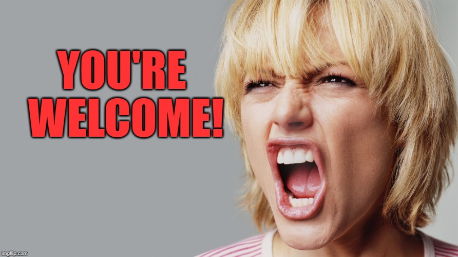 Angry Woman Yelling | YOU'RE WELCOME! | image tagged in angry woman yelling | made w/ Imgflip meme maker