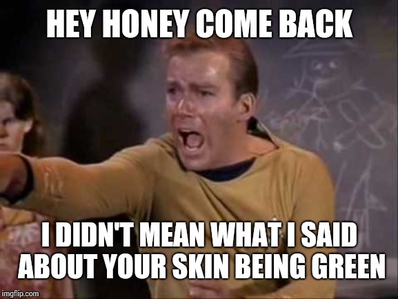 dramatic captain kirk | HEY HONEY COME BACK; I DIDN'T MEAN WHAT I SAID ABOUT YOUR SKIN BEING GREEN | image tagged in dramatic captain kirk | made w/ Imgflip meme maker