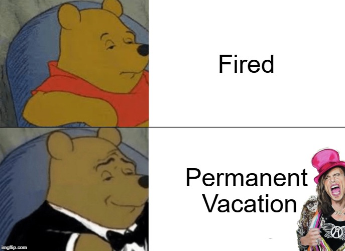 Remember that album? | Fired; Permanent Vacation | image tagged in memes,tuxedo winnie the pooh,fired,vacation,steven tyler | made w/ Imgflip meme maker