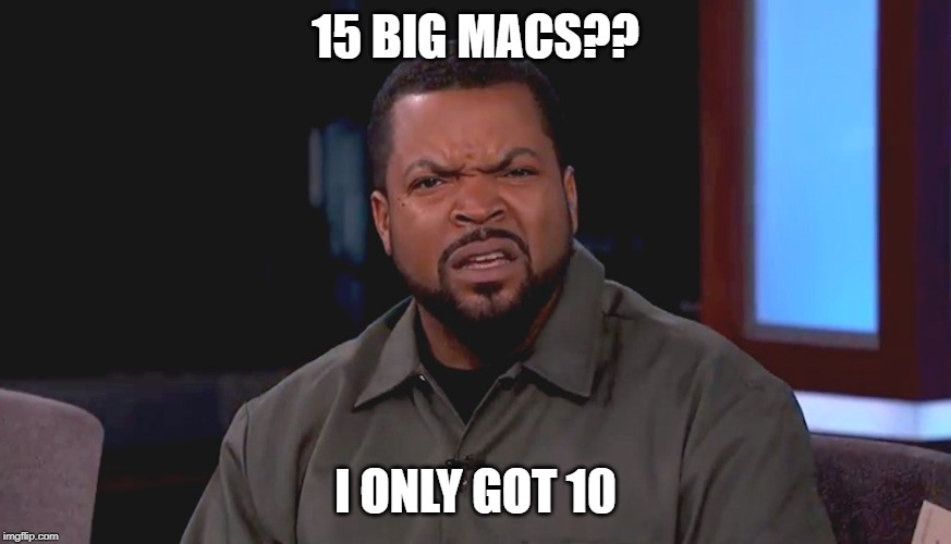 Really? Ice Cube | 15 BIG MACS?? I ONLY GOT 10 | image tagged in really ice cube | made w/ Imgflip meme maker