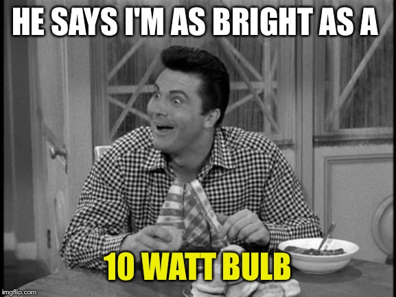 Beverly Hillbillies Jethro eating | HE SAYS I'M AS BRIGHT AS A 10 WATT BULB | image tagged in beverly hillbillies jethro eating | made w/ Imgflip meme maker