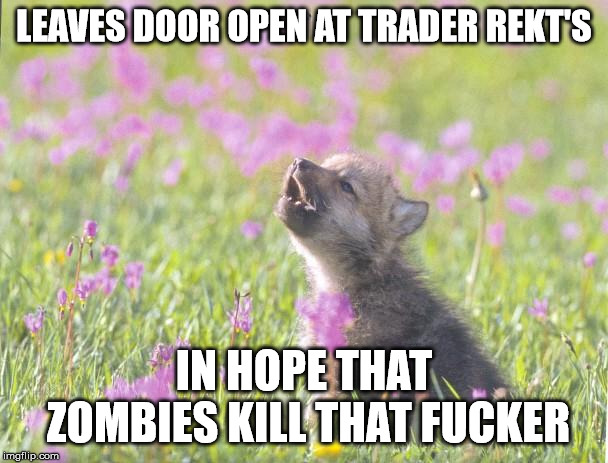 Baby Insanity Wolf Meme | LEAVES DOOR OPEN AT TRADER REKT'S; IN HOPE THAT ZOMBIES KILL THAT FUCKER | image tagged in memes,baby insanity wolf,7daystodie | made w/ Imgflip meme maker