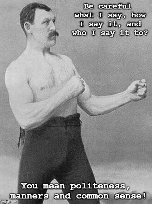 Boxing Guy | Be careful what I say, how I say it, and who I say it to? You mean politeness, manners and common sense! | image tagged in boxing guy | made w/ Imgflip meme maker