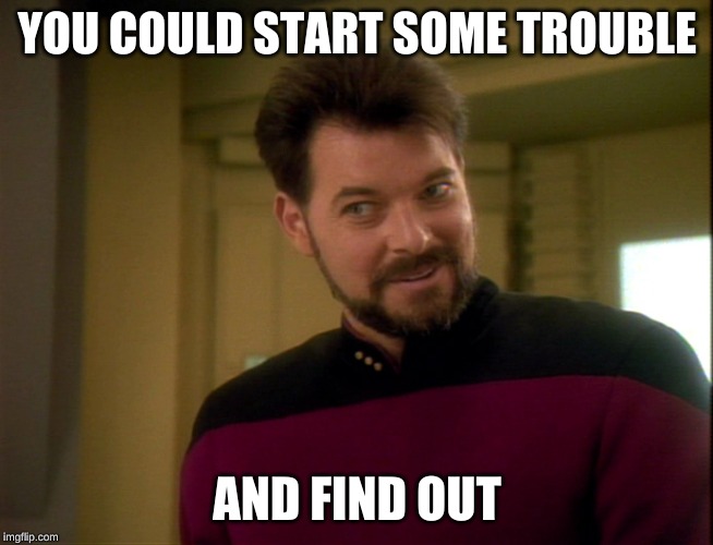 Riker Lets Start Some Trouble | YOU COULD START SOME TROUBLE AND FIND OUT | image tagged in riker lets start some trouble | made w/ Imgflip meme maker