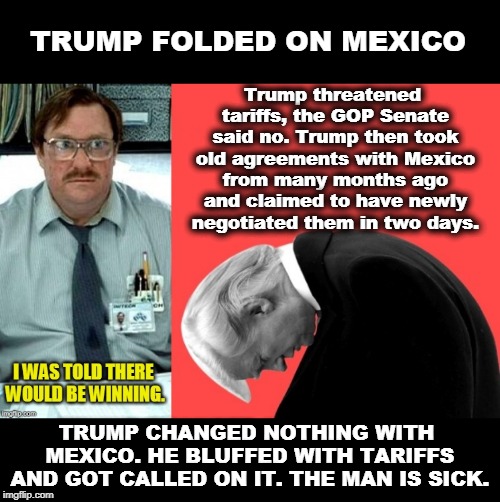 Trump Air isn't just a failed airline. | TRUMP FOLDED ON MEXICO; Trump threatened tariffs, the GOP Senate said no. Trump then took old agreements with Mexico from many months ago and claimed to have newly negotiated them in two days. TRUMP CHANGED NOTHING WITH MEXICO. HE BLUFFED WITH TARIFFS AND GOT CALLED ON IT. THE MAN IS SICK. | image tagged in trump,mexico,tariffs,fail,sick | made w/ Imgflip meme maker