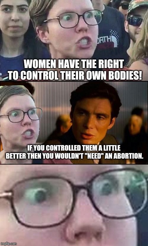 Inception Liberal | WOMEN HAVE THE RIGHT TO CONTROL THEIR OWN BODIES! IF YOU CONTROLLED THEM A LITTLE BETTER THEN YOU WOULDN'T "NEED" AN ABORTION. | image tagged in inception liberal | made w/ Imgflip meme maker