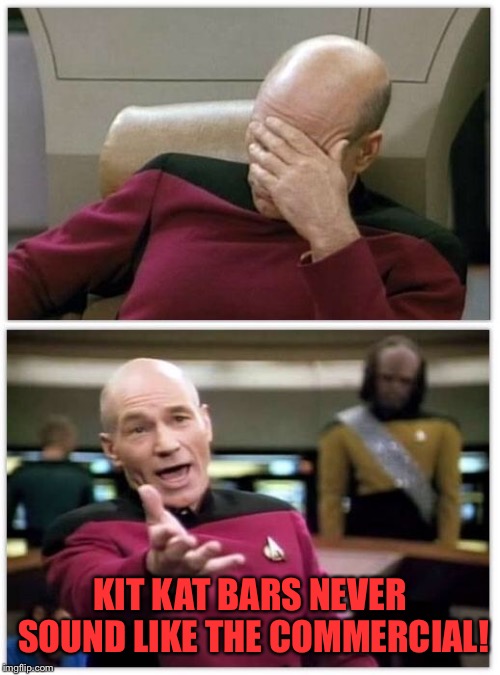 Picard frustrated | KIT KAT BARS NEVER SOUND LIKE THE COMMERCIAL! | image tagged in picard frustrated | made w/ Imgflip meme maker